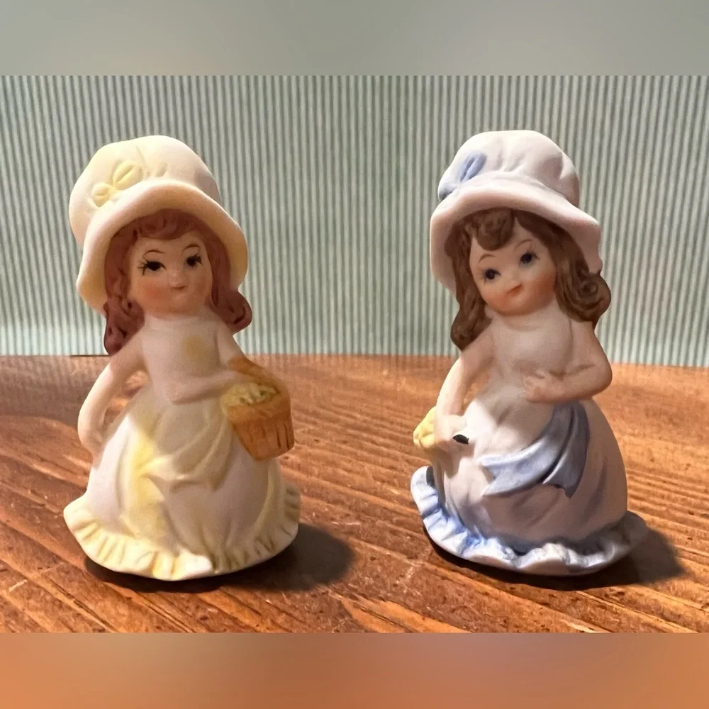 Vintage Set of 2 Girl Spring Time Figures Brown Hair Cottage Core Kitschy